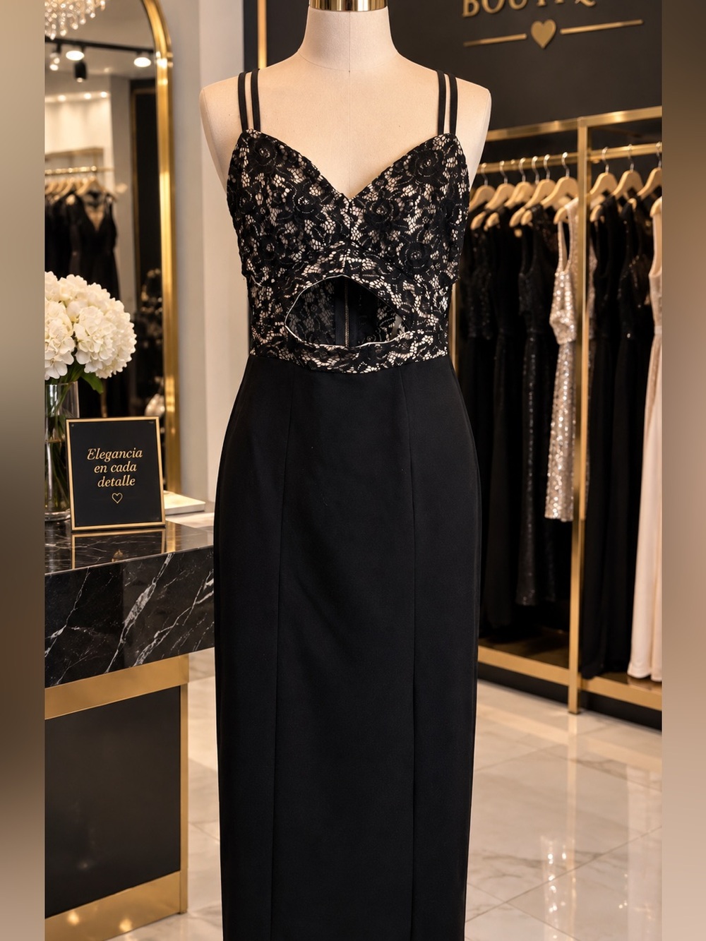 privy Black Lace-Overlay Strapless Midi Dress with Front Cutout